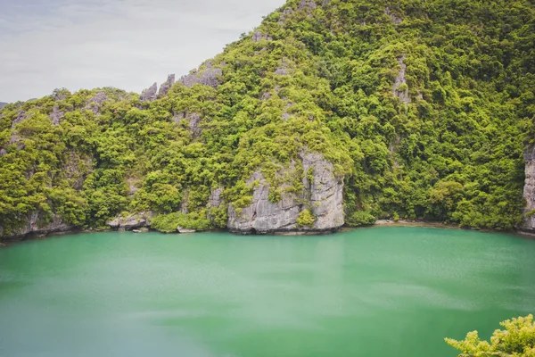 Emerald Lake surrounded by jungle-covered limestone cliffs in Ang Thong National Marine Park